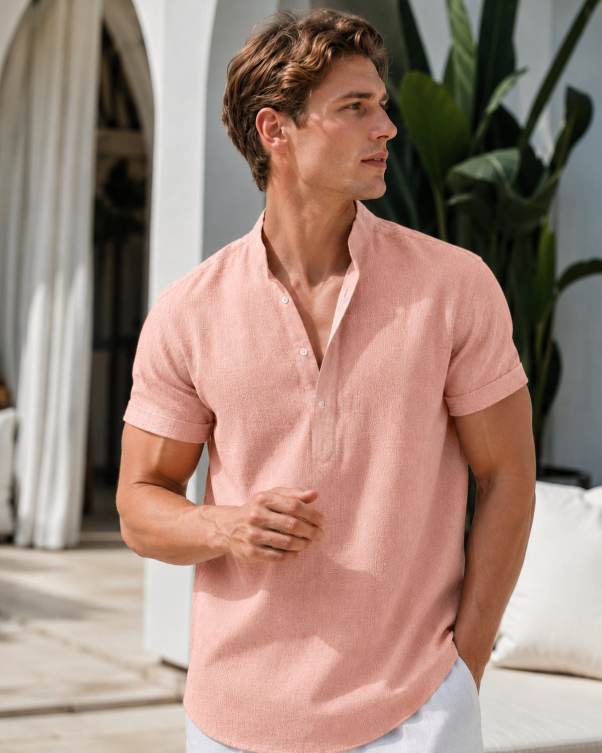 Chemise en Lin pour Homme Silas – Chemise d'Été Respirante avec Col Henley & Manches Courtes
