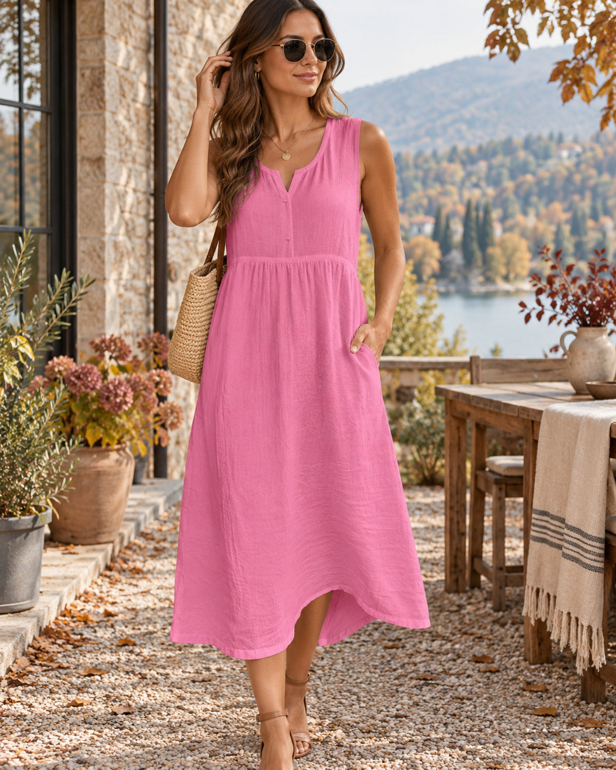 Vestido Anna Mulher – Vestido Midi de Linho com Decote em V Sem Mangas Bolsos Corte Fluido Verão