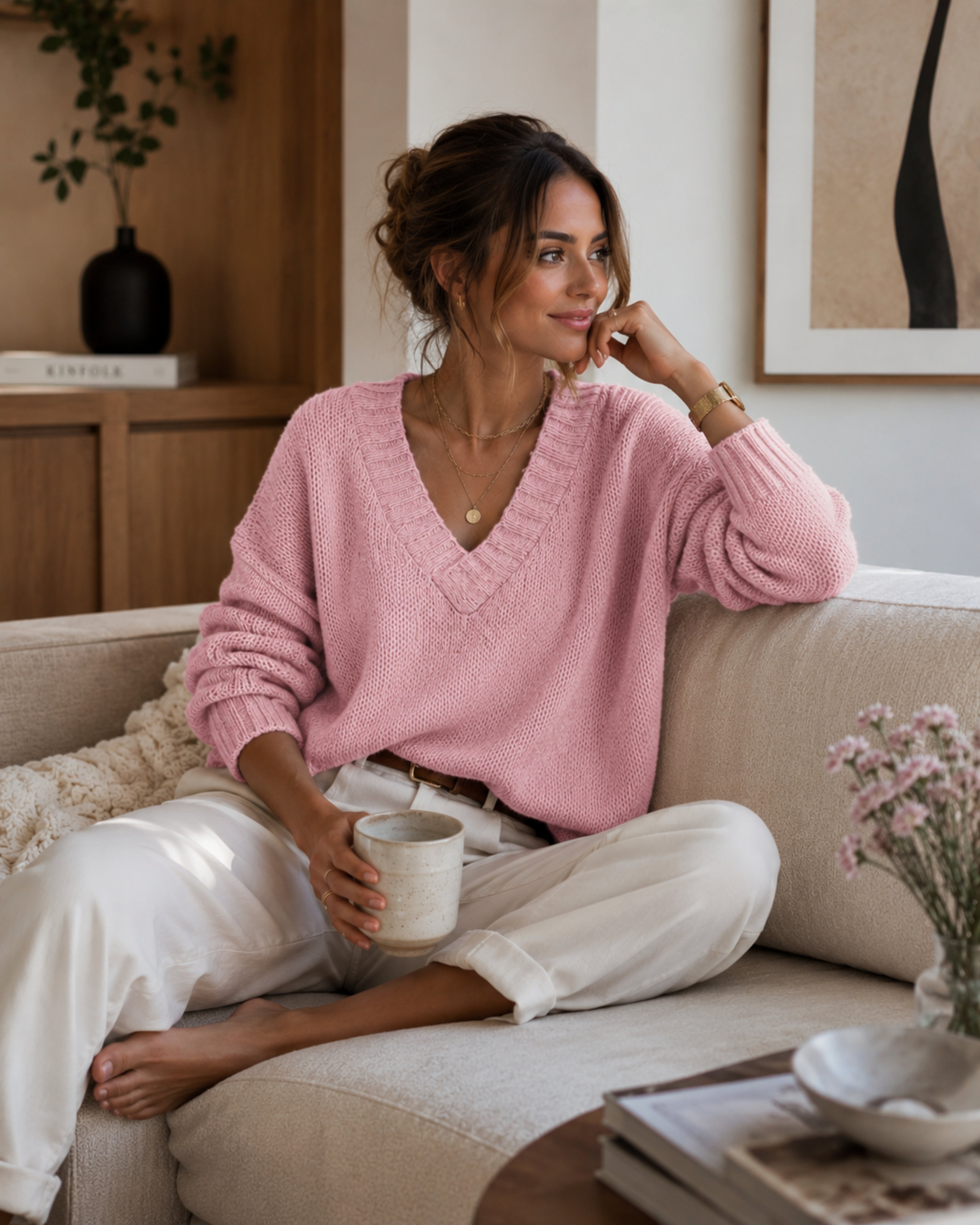 Sweter damski Kyler – wygodny sweter z dekoltem w serek, luźnym krojem i ponadczasowym designem