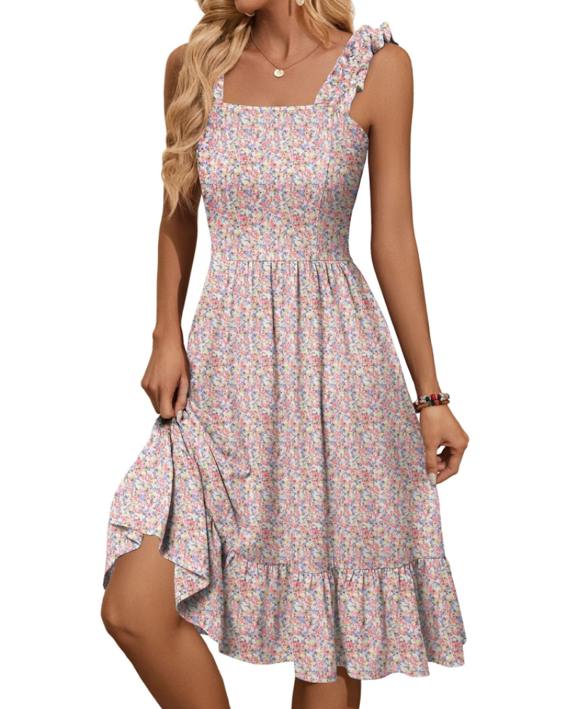 Vestito Midi Donna Armenia – Vestito Estivo con Scollo Quadrato e Spalline Elastiche, Taglio A-Line Fluido con Volant