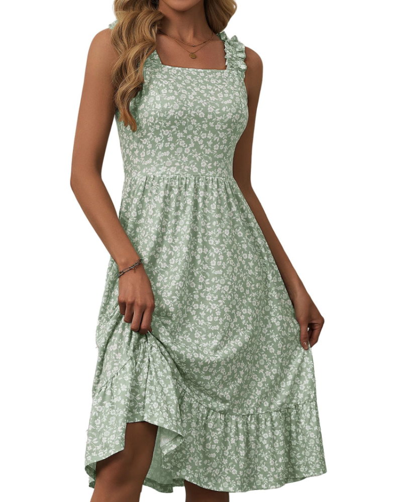 Vestito Midi Donna Armenia – Vestito Estivo con Scollo Quadrato e Spalline Elastiche, Taglio A-Line Fluido con Volant