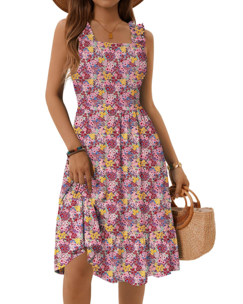 Vestito Midi Donna Armenia – Vestito Estivo con Scollo Quadrato e Spalline Elastiche, Taglio A-Line Fluido con Volant