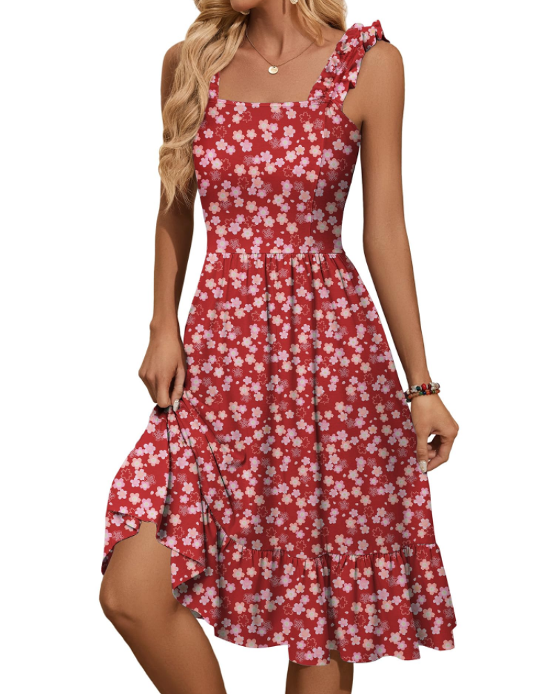 Vestito Midi Donna Armenia – Vestito Estivo con Scollo Quadrato e Spalline Elastiche, Taglio A-Line Fluido con Volant