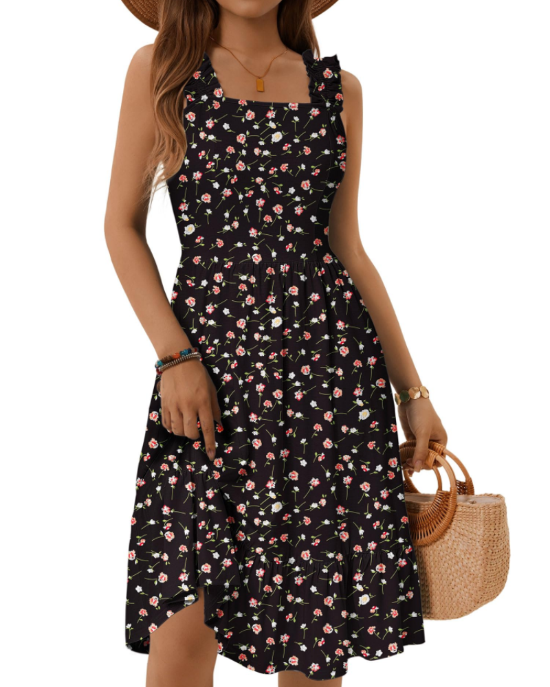 Vestito Midi Donna Armenia – Vestito Estivo con Scollo Quadrato e Spalline Elastiche, Taglio A-Line Fluido con Volant