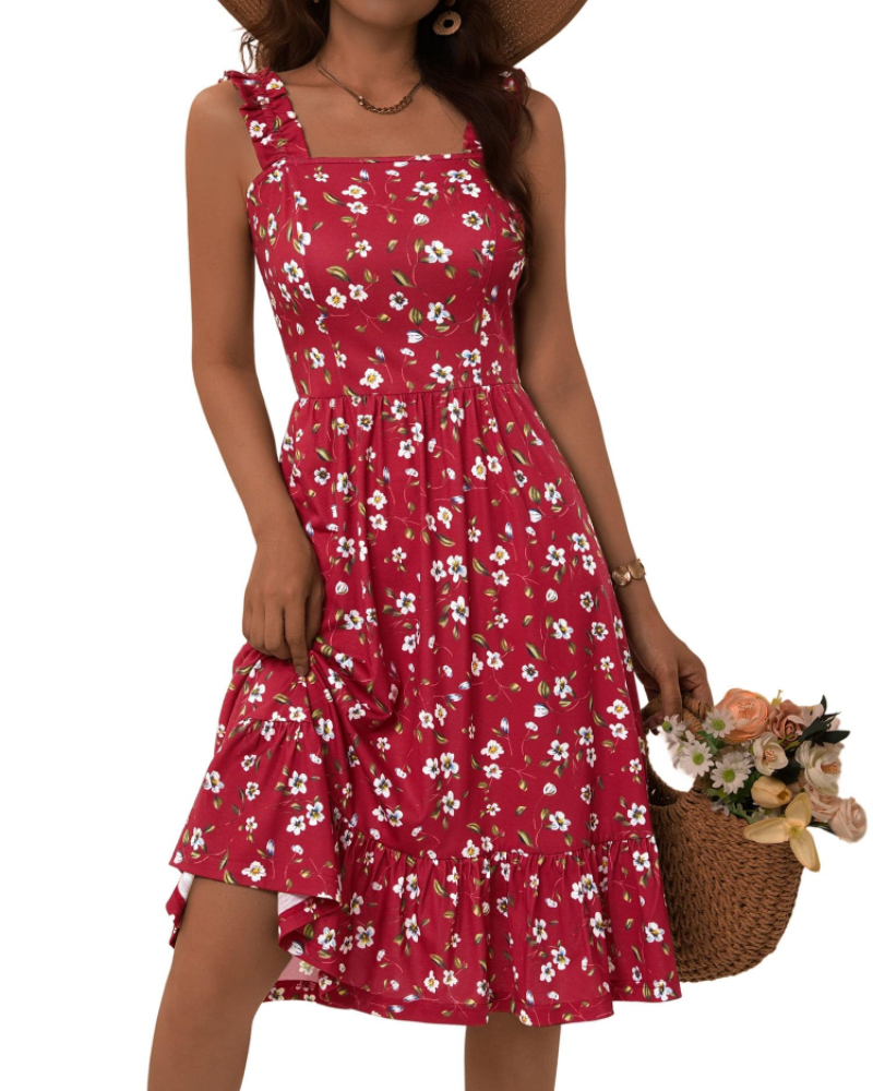 Vestito Midi Donna Armenia – Vestito Estivo con Scollo Quadrato e Spalline Elastiche, Taglio A-Line Fluido con Volant