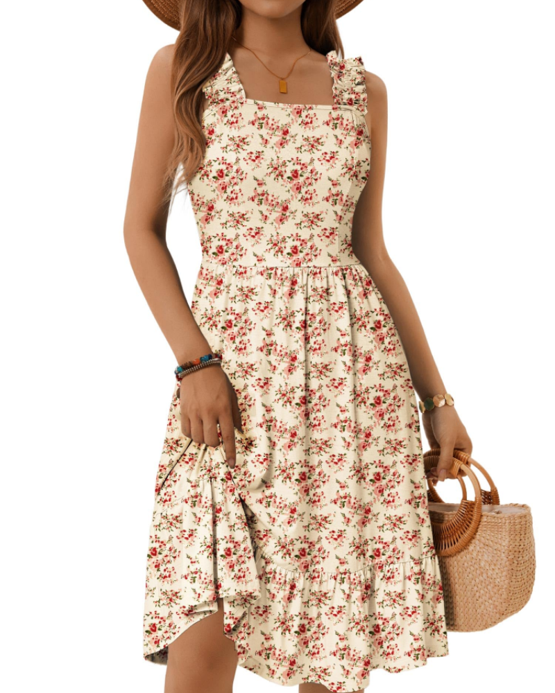 Vestito Midi Donna Armenia – Vestito Estivo con Scollo Quadrato e Spalline Elastiche, Taglio A-Line Fluido con Volant