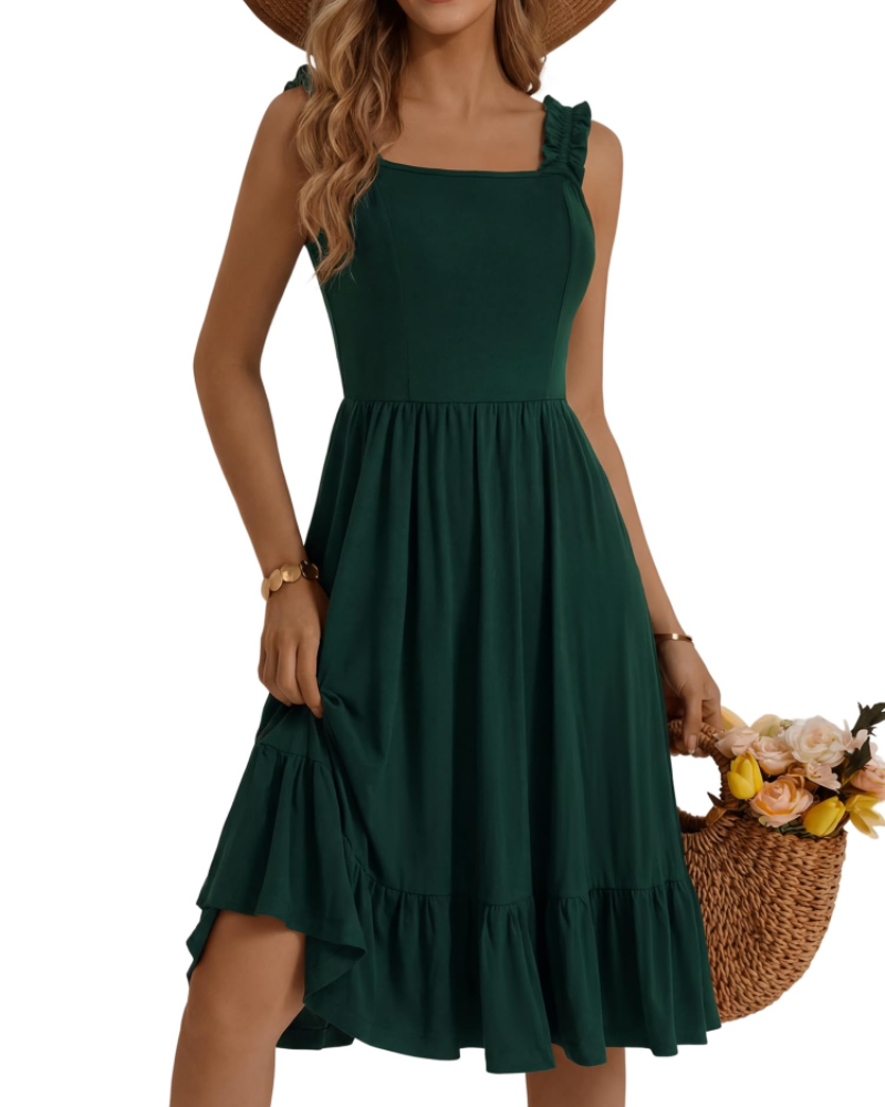 Vestito Midi Donna Armenia – Vestito Estivo con Scollo Quadrato e Spalline Elastiche, Taglio A-Line Fluido con Volant
