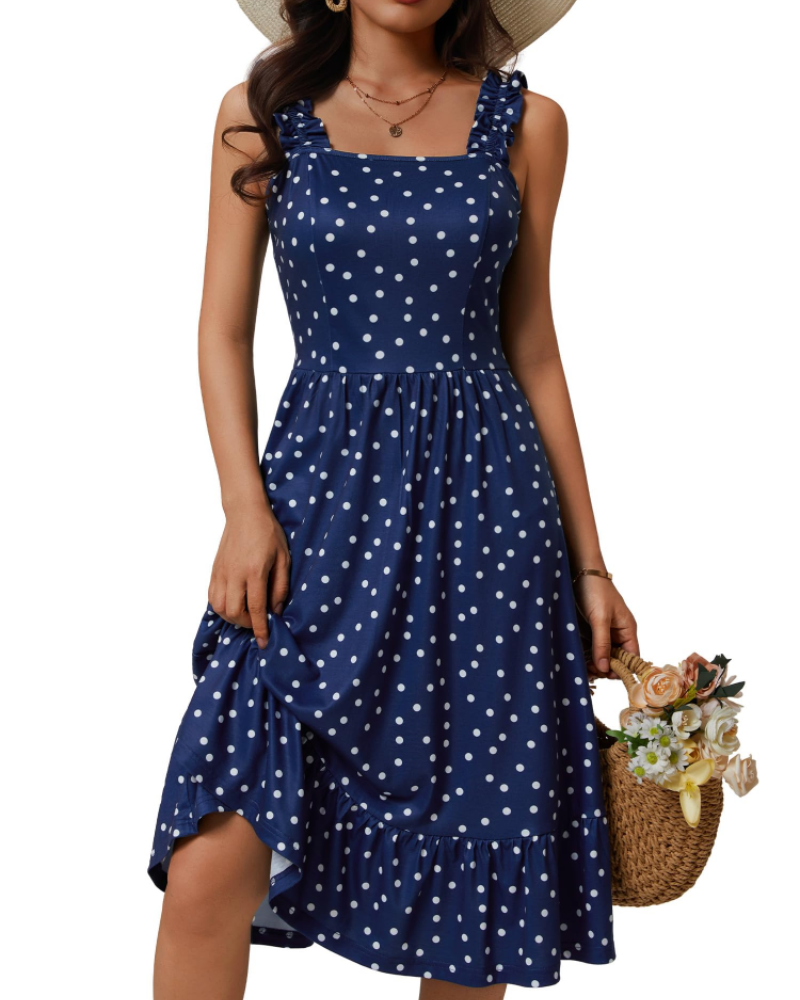 Vestito Midi Donna Armenia – Vestito Estivo con Scollo Quadrato e Spalline Elastiche, Taglio A-Line Fluido con Volant