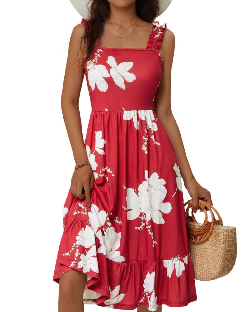 Vestito Midi Donna Armenia – Vestito Estivo con Scollo Quadrato e Spalline Elastiche, Taglio A-Line Fluido con Volant