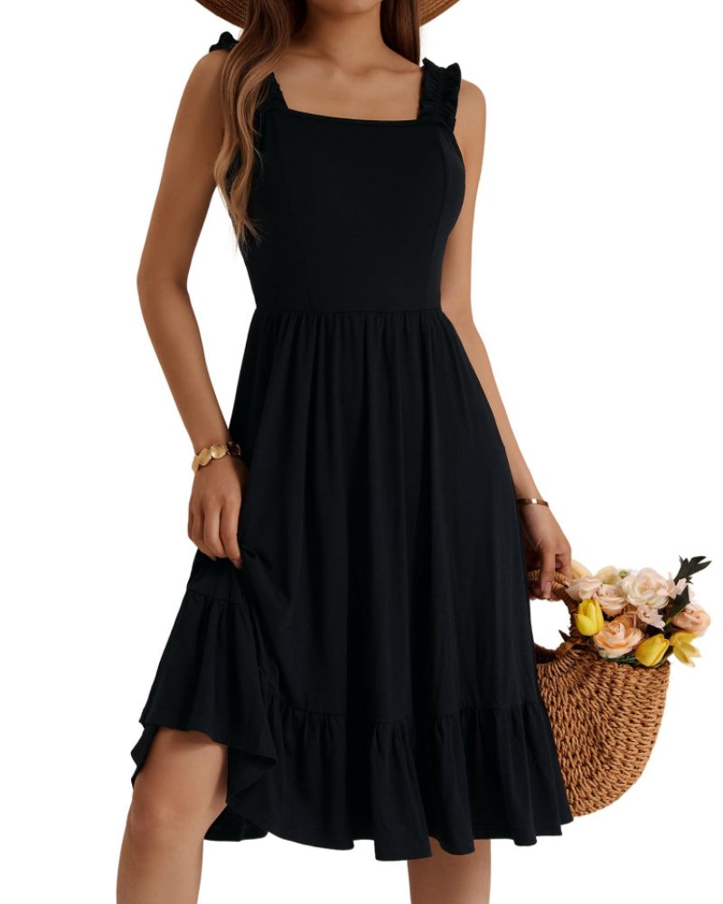 Vestito Midi Donna Armenia – Vestito Estivo con Scollo Quadrato e Spalline Elastiche, Taglio A-Line Fluido con Volant