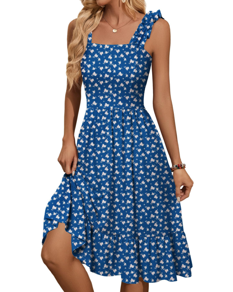 Vestito Midi Donna Armenia – Vestito Estivo con Scollo Quadrato e Spalline Elastiche, Taglio A-Line Fluido con Volant