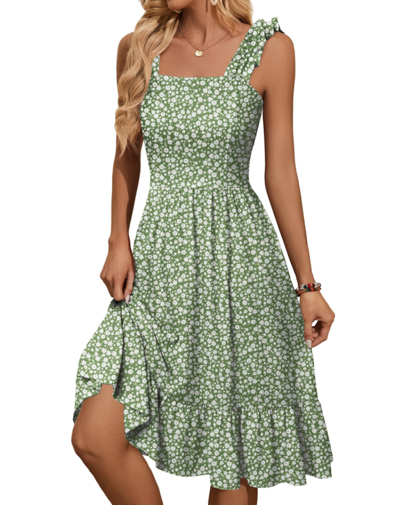 Vestito Midi Donna Armenia – Vestito Estivo con Scollo Quadrato e Spalline Elastiche, Taglio A-Line Fluido con Volant