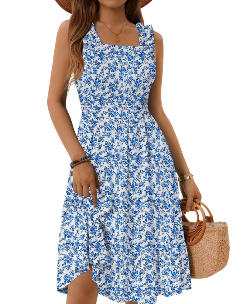 Vestito Midi Donna Armenia – Vestito Estivo con Scollo Quadrato e Spalline Elastiche, Taglio A-Line Fluido con Volant