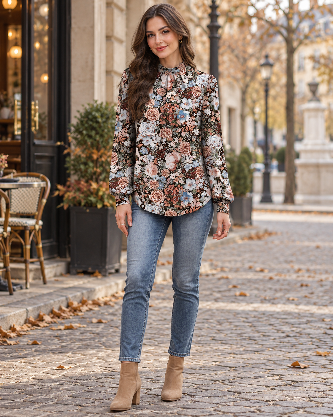 Uma Damenbluse mit Blumenmuster, Stehkragen, Falten vorn und langen Puffärmeln