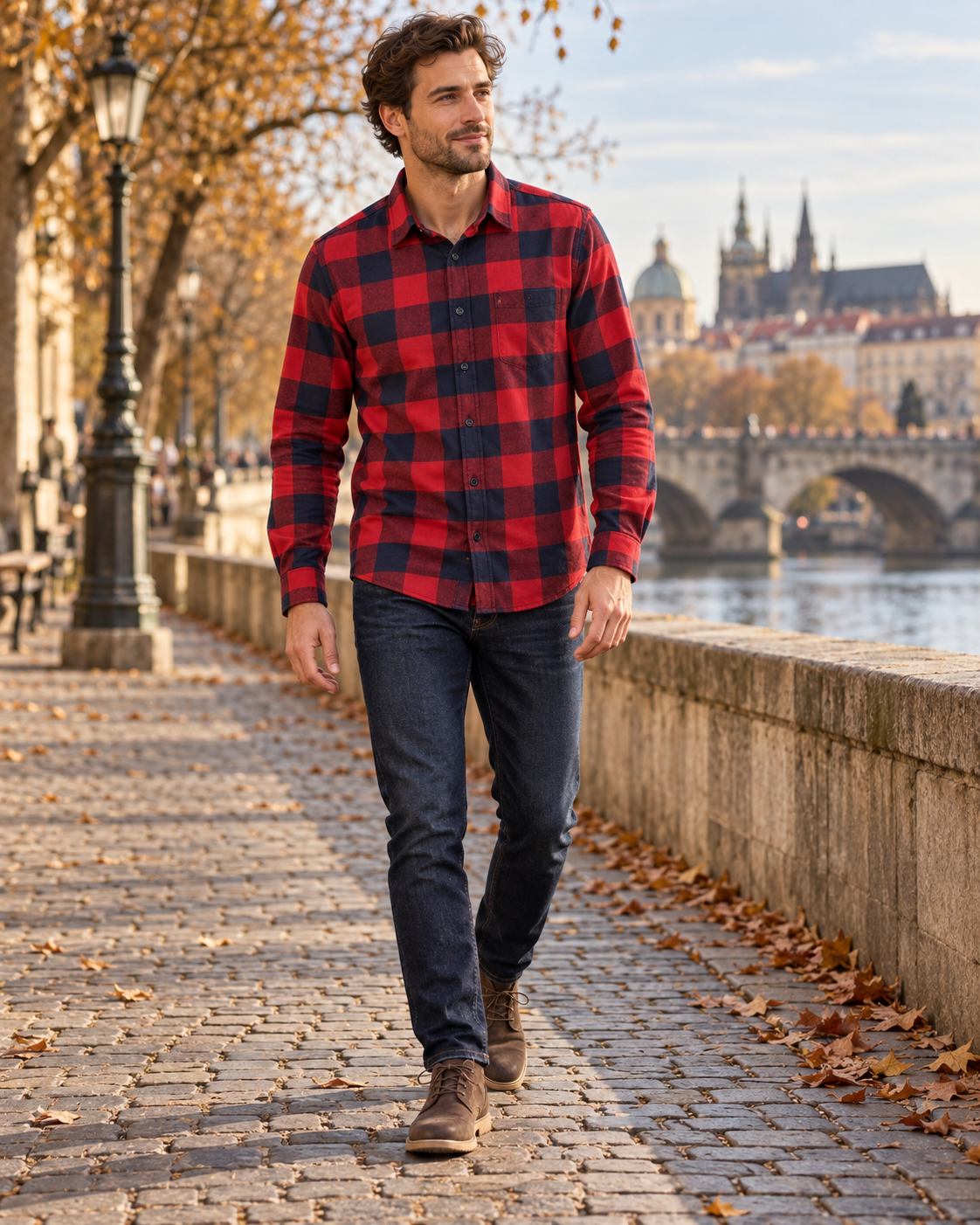 Rafael Camicia da uomo in flanella di cotone a quadri, maniche lunghe e taschino sul petto