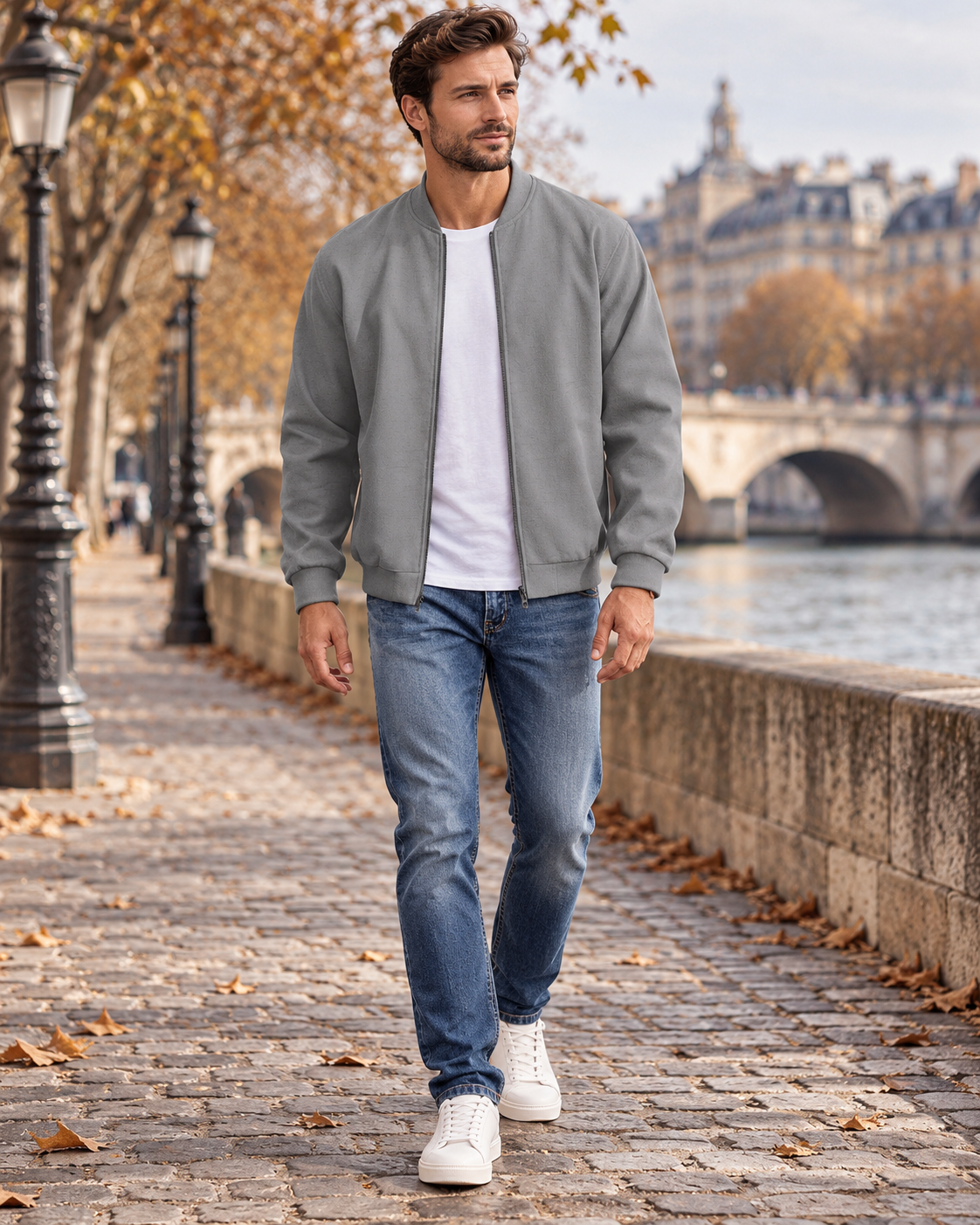 Bryan Blouson bomber homme en lin léger avec col côtelé, zip frontal et poches latérales