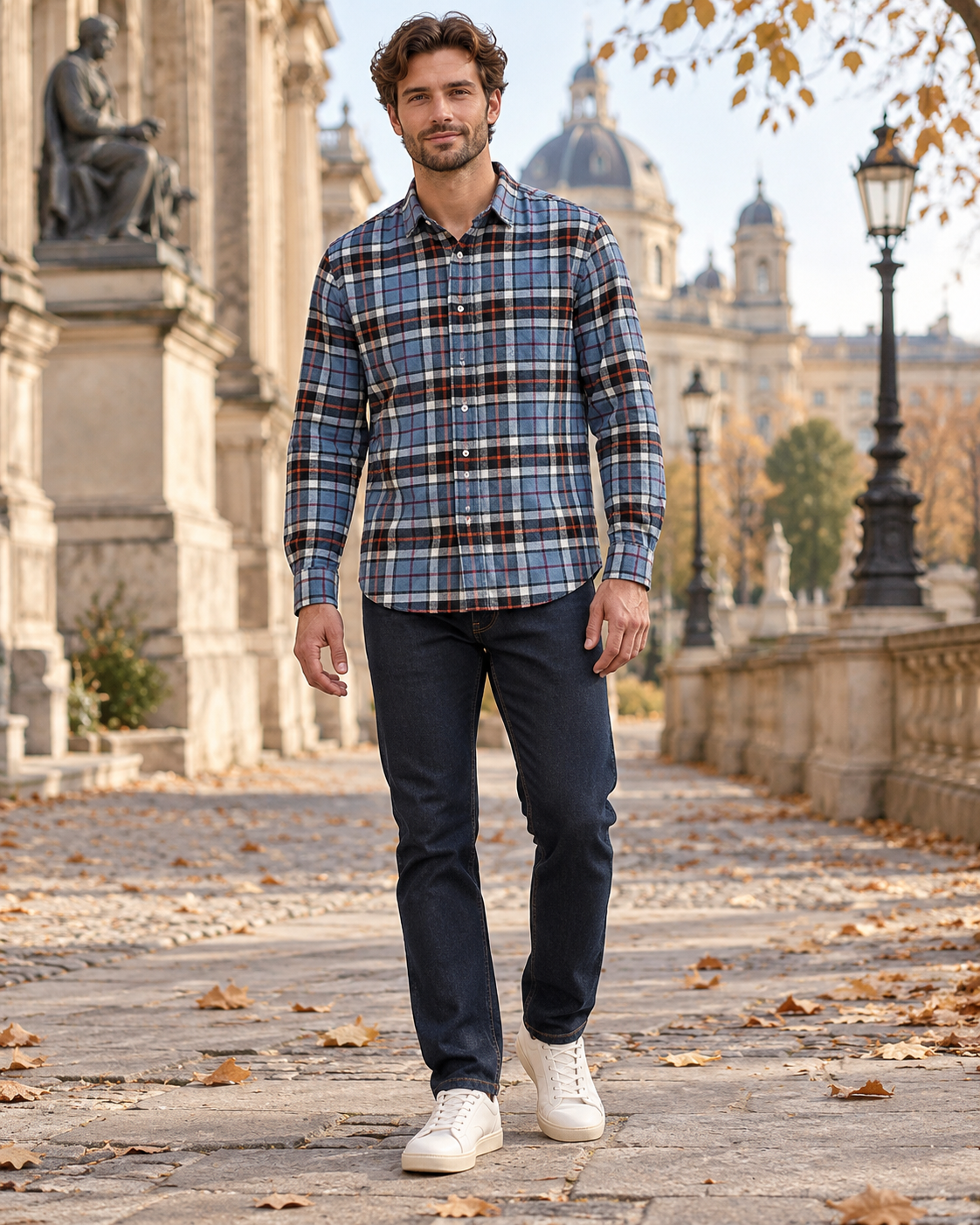 Rafael Camicia da uomo in flanella di cotone a quadri, maniche lunghe e taschino sul petto