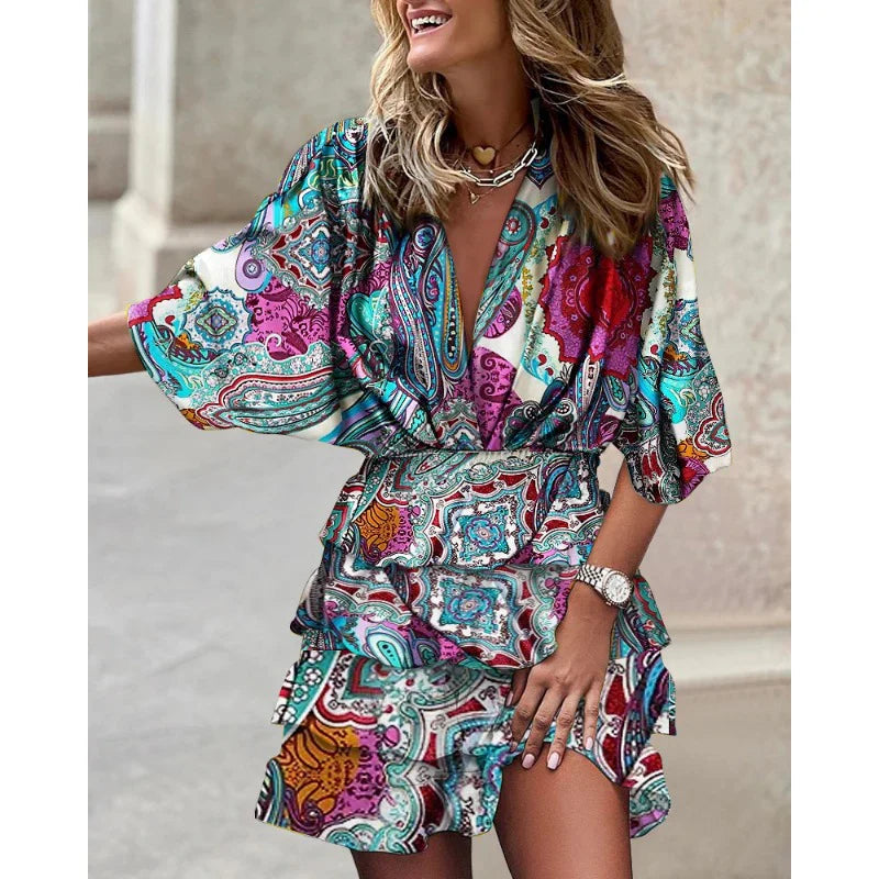 Zomerse damesjurk Anastasia – Jurk met korte mouwen en V-hals met elastische taille voor warme dagen