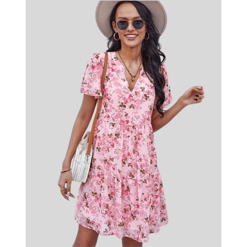 Bettina Mini Jurk Dames – Lichtzomerse Jurk met V-hals en Delicate Bloemenprint