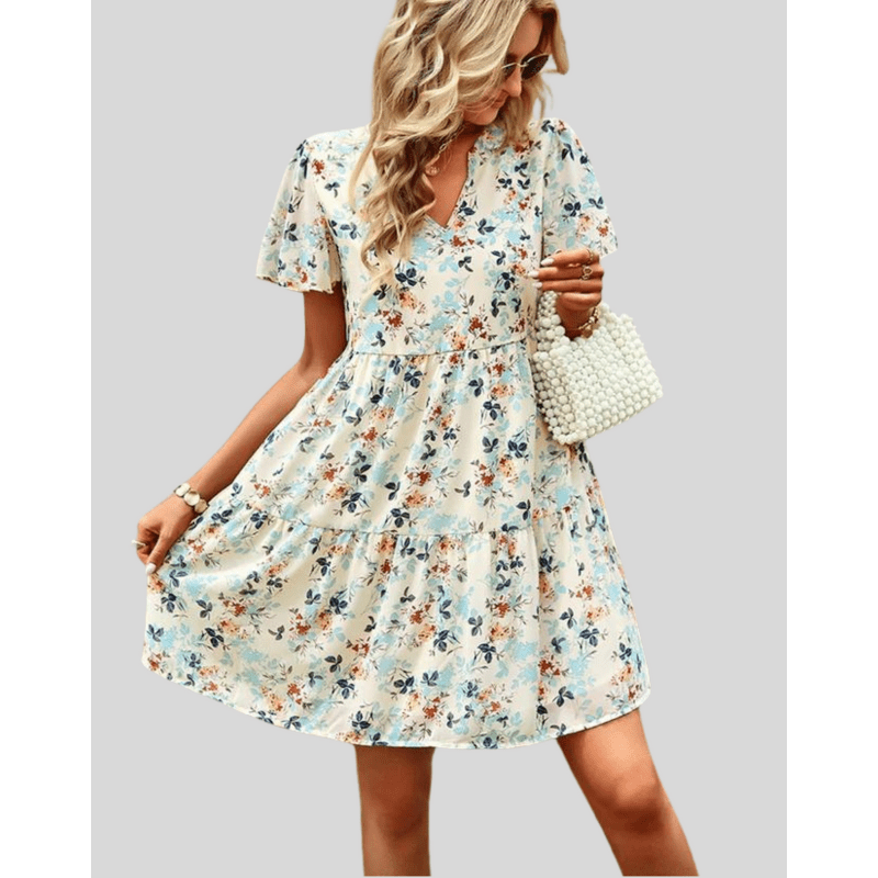 Bettina Mini Jurk Dames – Lichtzomerse Jurk met V-hals en Delicate Bloemenprint