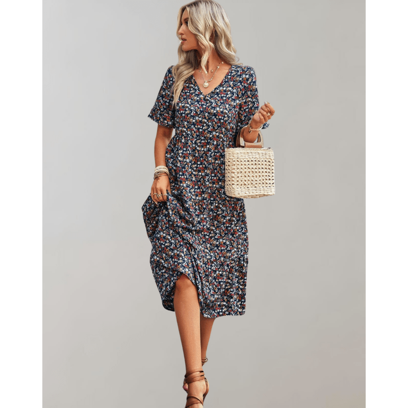 Bianka Robe Midi Femme – Let blomsterprint med flydende pasform og romantiske sommerfugleærmer