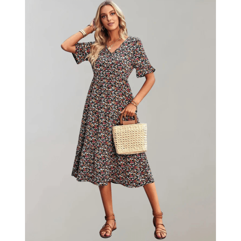 Bianka Robe Midi Femme – Let blomsterprint med flydende pasform og romantiske sommerfugleærmer