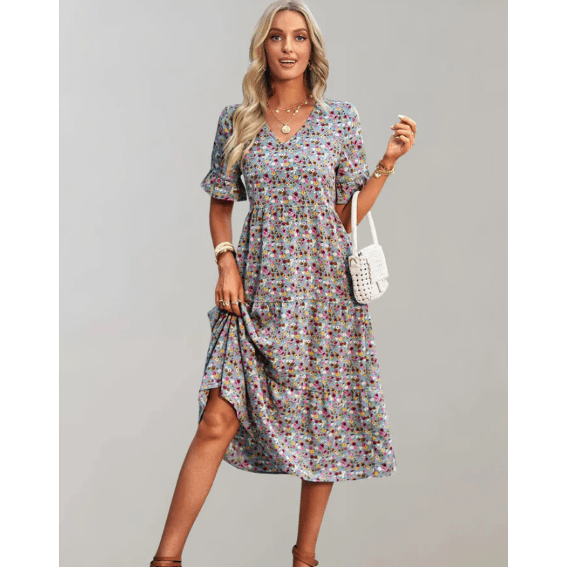 Bianka Robe Midi Femme – Let blomsterprint med flydende pasform og romantiske sommerfugleærmer