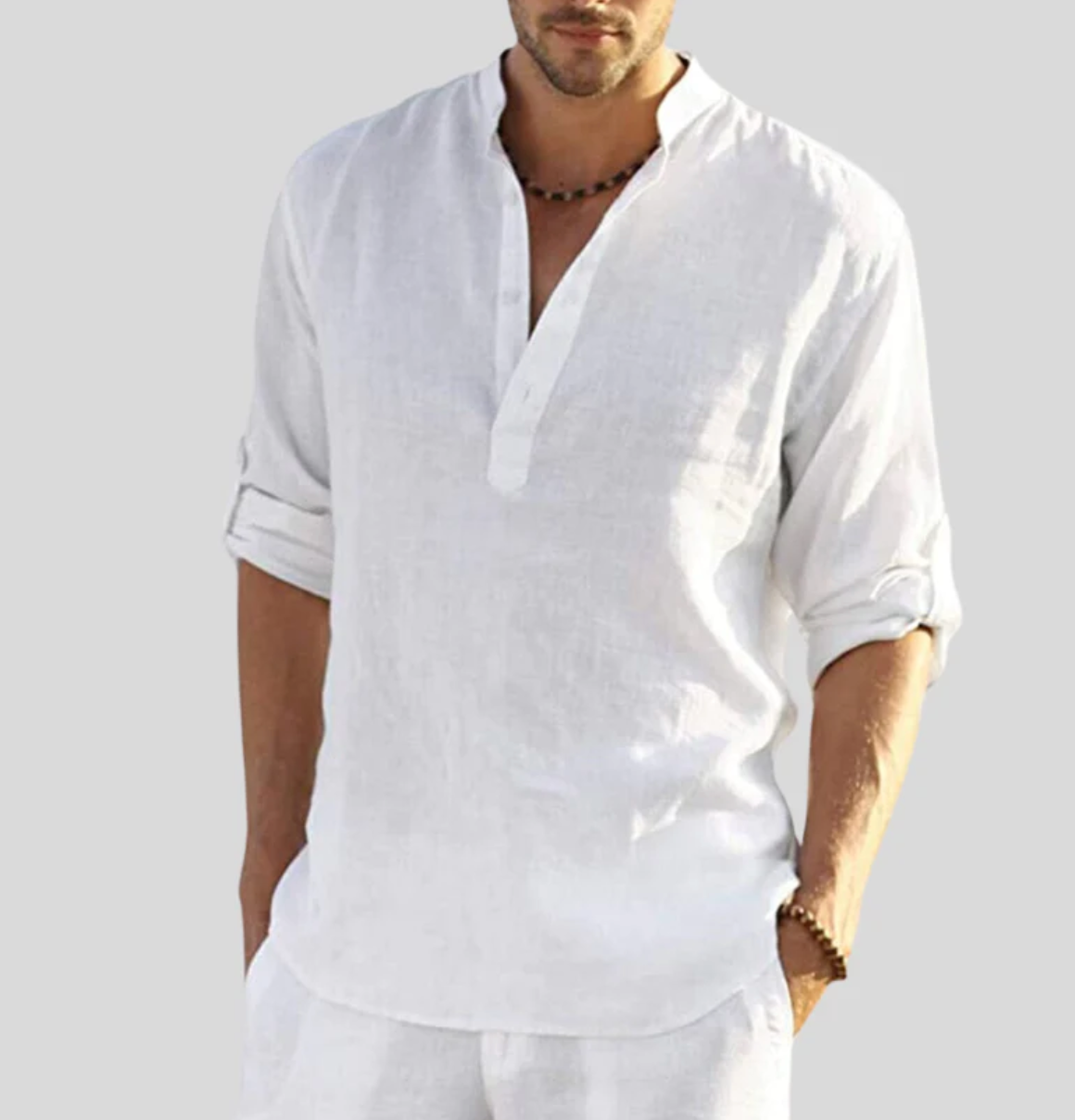 Ansel Chemise en Lin Homme – Chemise d’Été Respirante avec Patte de Boutonnage Courte & Manches Reversibles