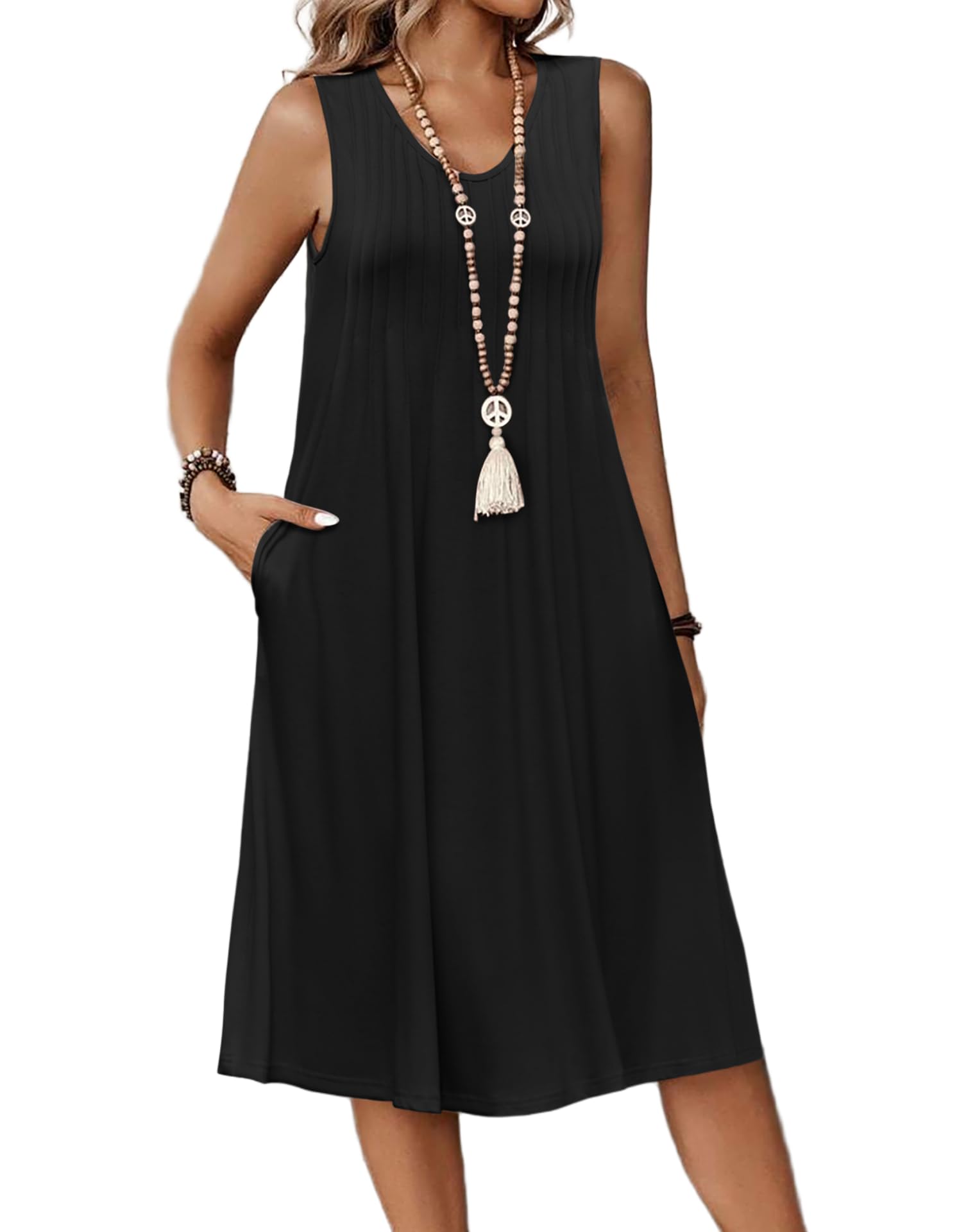 Vestido Zita para mujer – Cuello en V sin mangas, corte línea A midi y bolsillos con cintura plisada verano