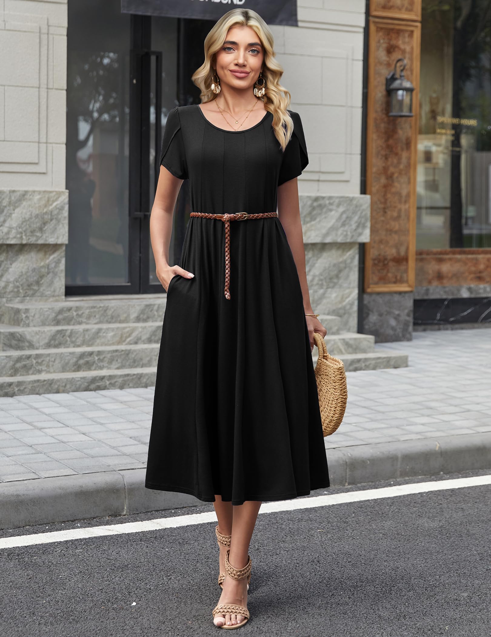 Wella Robe Femme – Rochie de vară cu guler rotund, mâneci scurte, croială evazată midi și buzunare