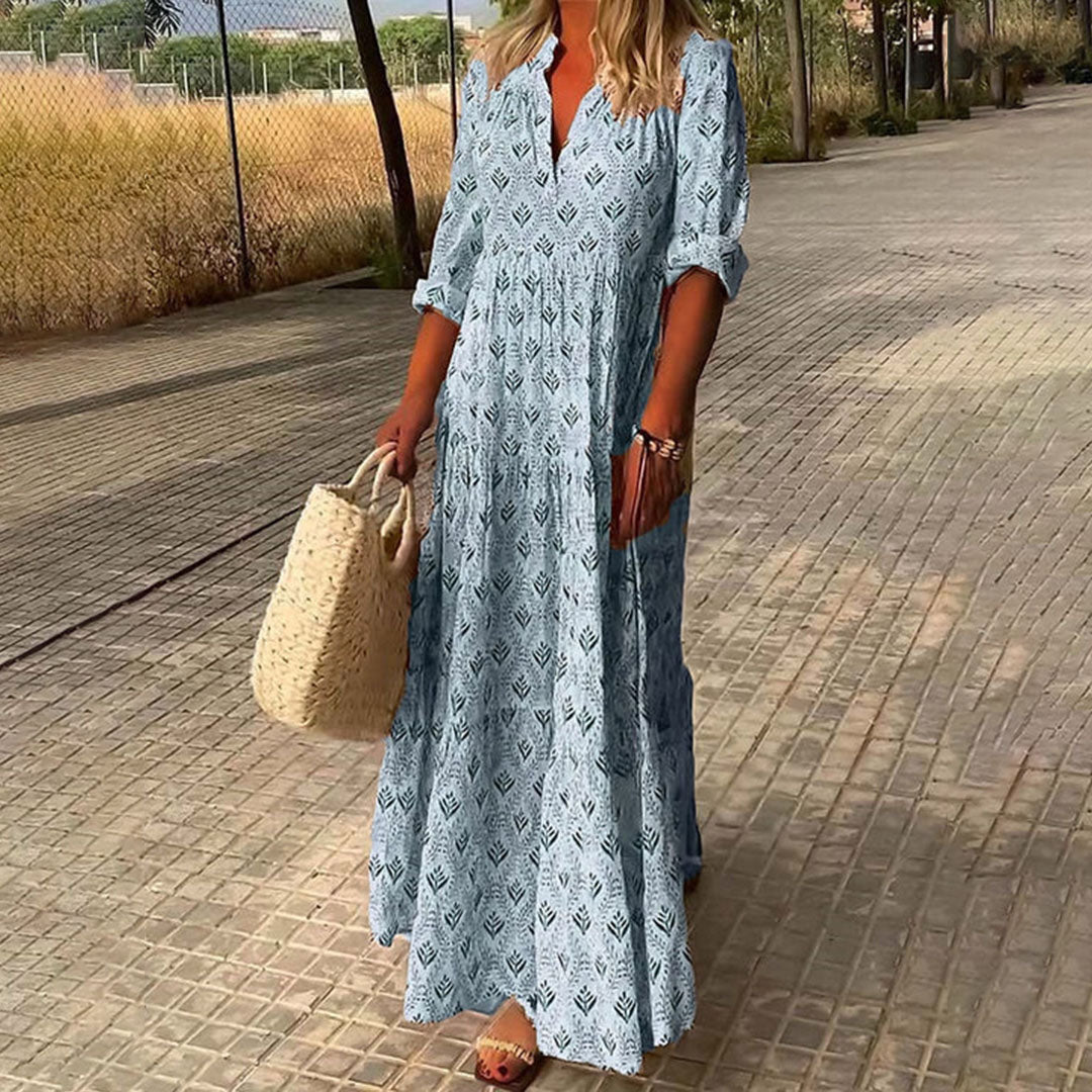 Kendra Robe Maxi Femme – Boho kjole lyseblå med print & behageligt snit