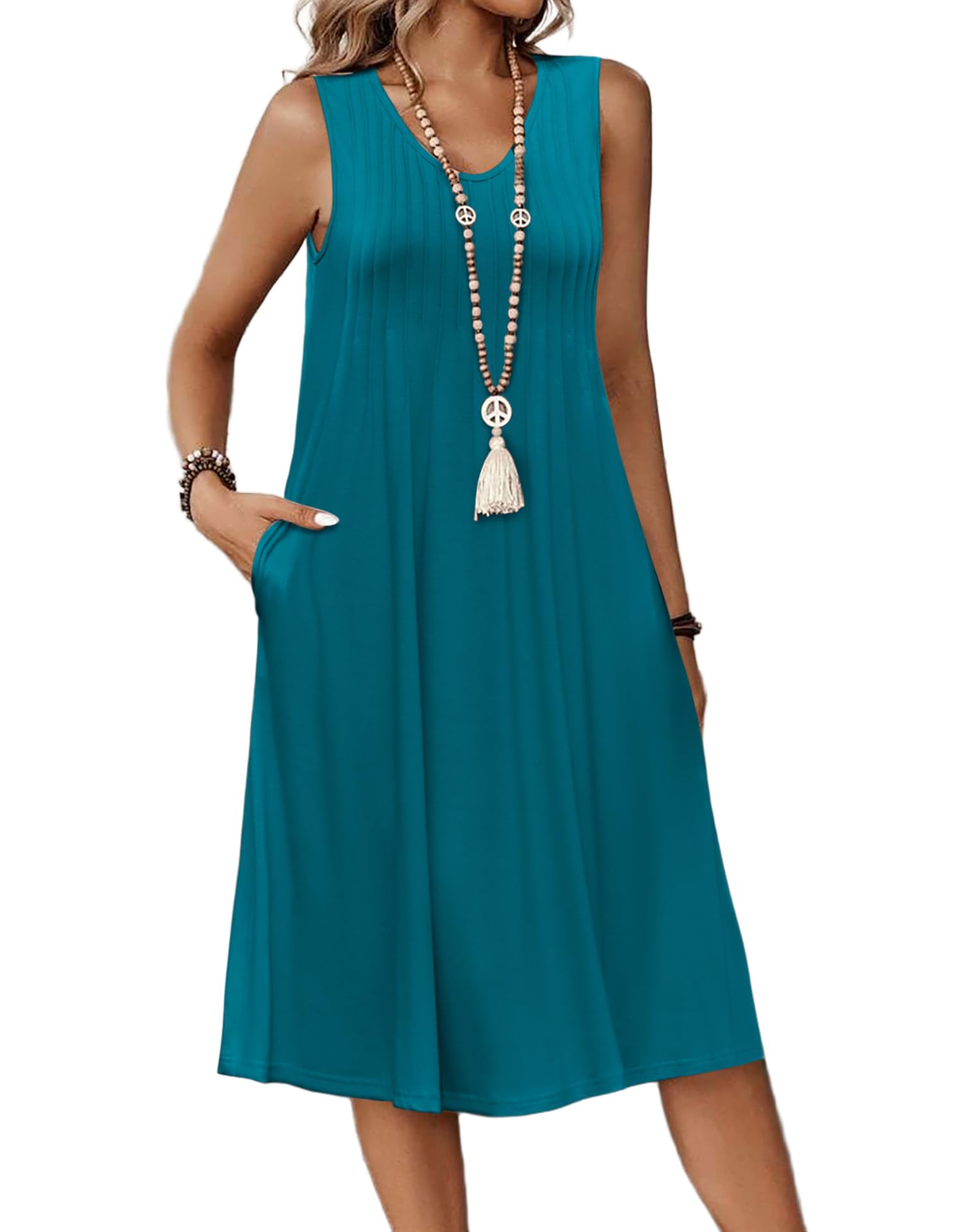 Vestido Zita para mujer – Cuello en V sin mangas, corte línea A midi y bolsillos con cintura plisada verano
