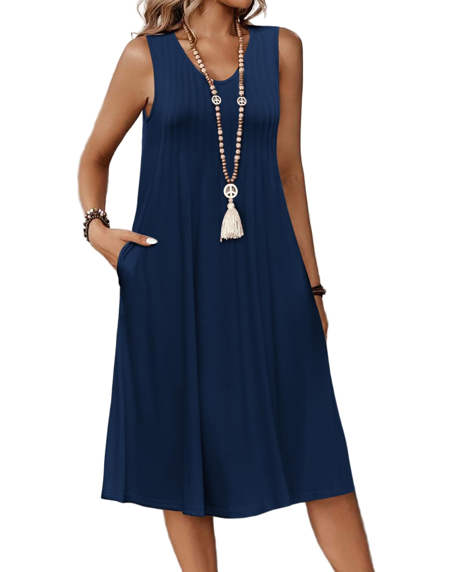 Vestido Zita para mujer – Cuello en V sin mangas, corte línea A midi y bolsillos con cintura plisada verano