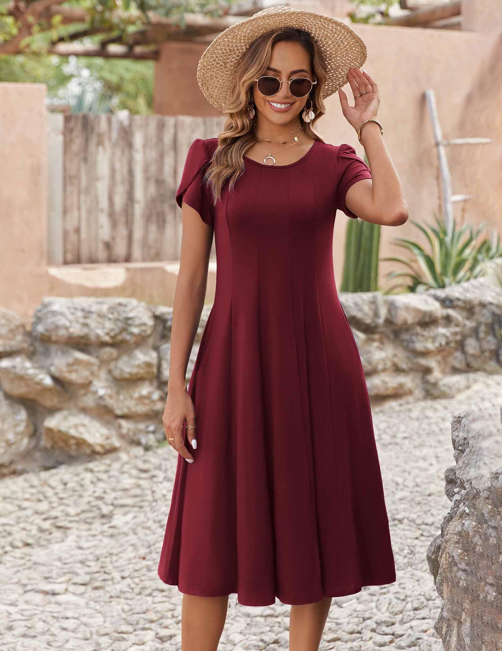 Wella Robe Femme – Rochie de vară cu guler rotund, mâneci scurte, croială evazată midi și buzunare
