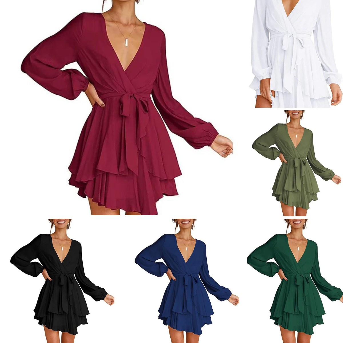 Cléo Robe Femme Courte – Robe Évasée con Cuello en V, Cinturón y Mangas Largas