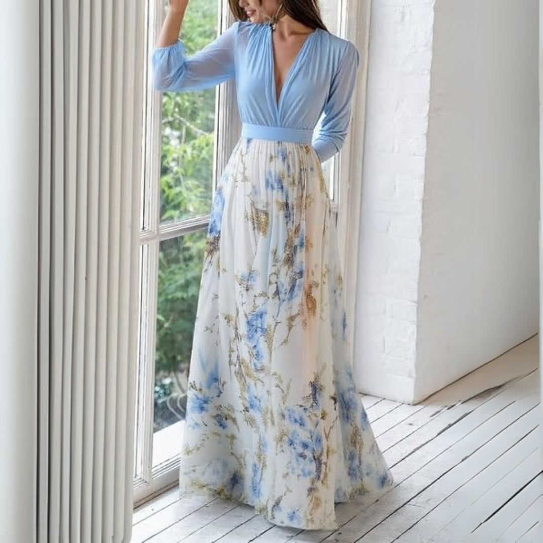 Robe Longa Feminina Lily – Estampado Floral Azul Céu, Tecido Leve e Corte Elegante