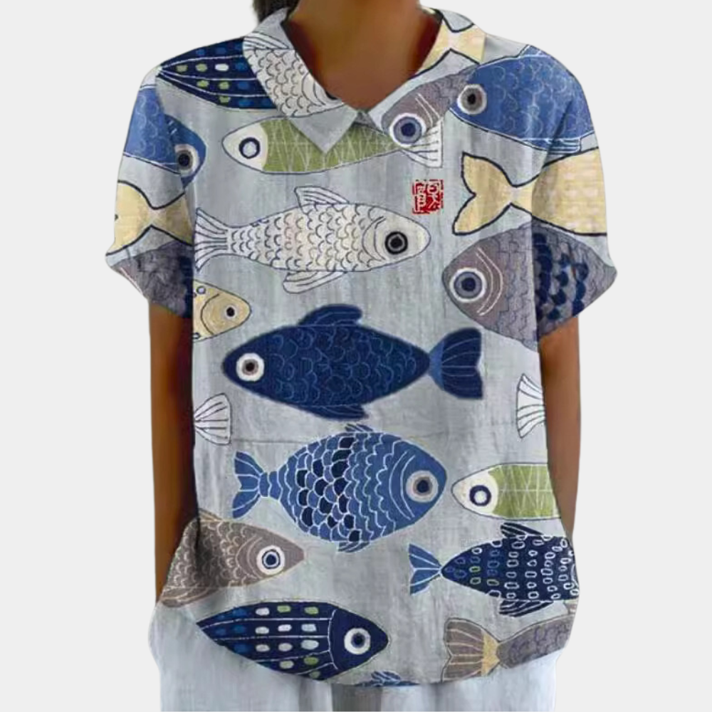 Bruna Blúzka Dámska – Voľný Top s Krátkymi Rukávmi a Kvetinovou Pastoračnou Potlačou so Zaobleným Výstrihom