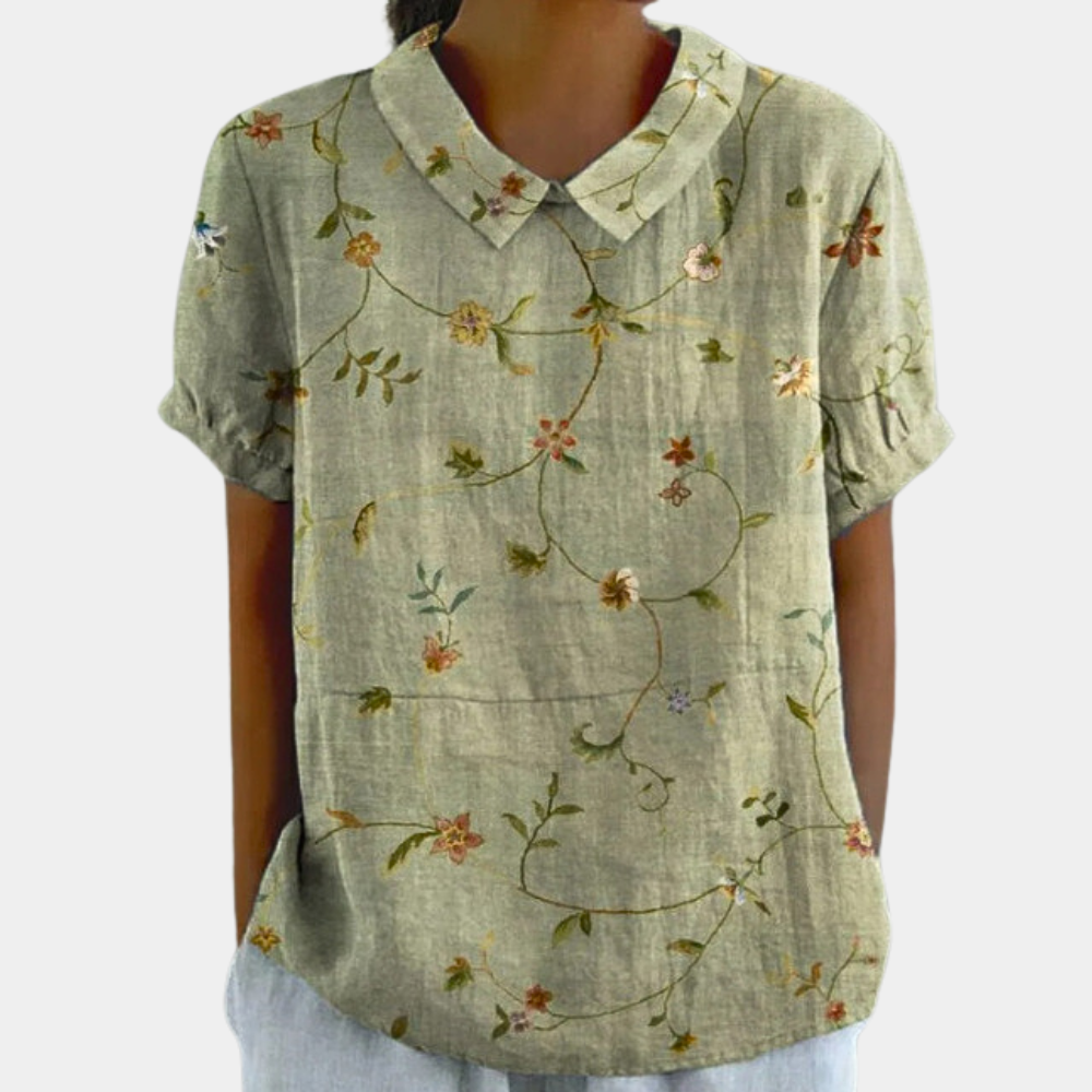 Bruna Blúzka Dámska – Voľný Top s Krátkymi Rukávmi a Kvetinovou Pastoračnou Potlačou so Zaobleným Výstrihom