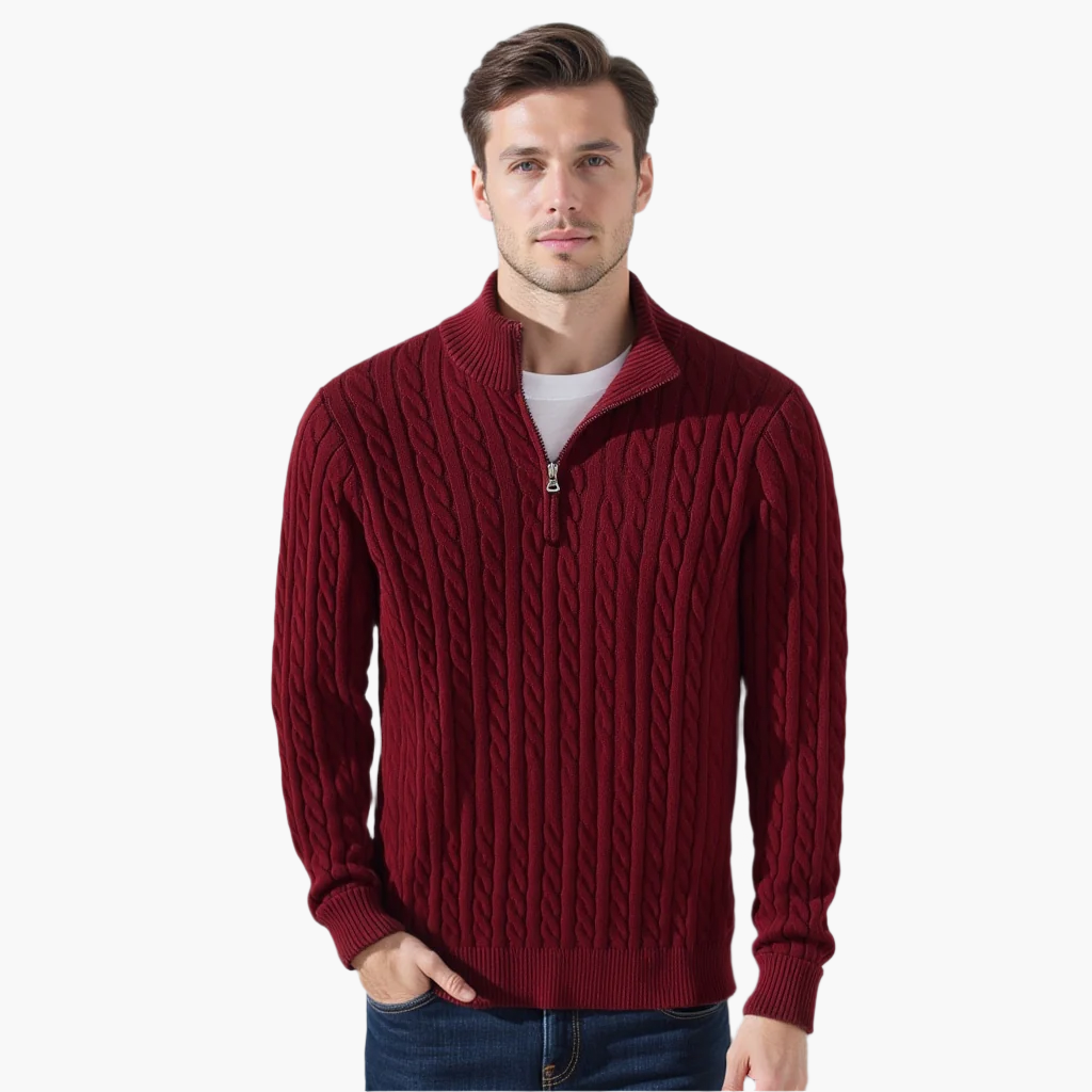 Pull Kiel Homme à Demi-Zip en Pletenina Torsadée – Elegantní svetr s vysokým límcem z vlněné směsi v klasickém stylu