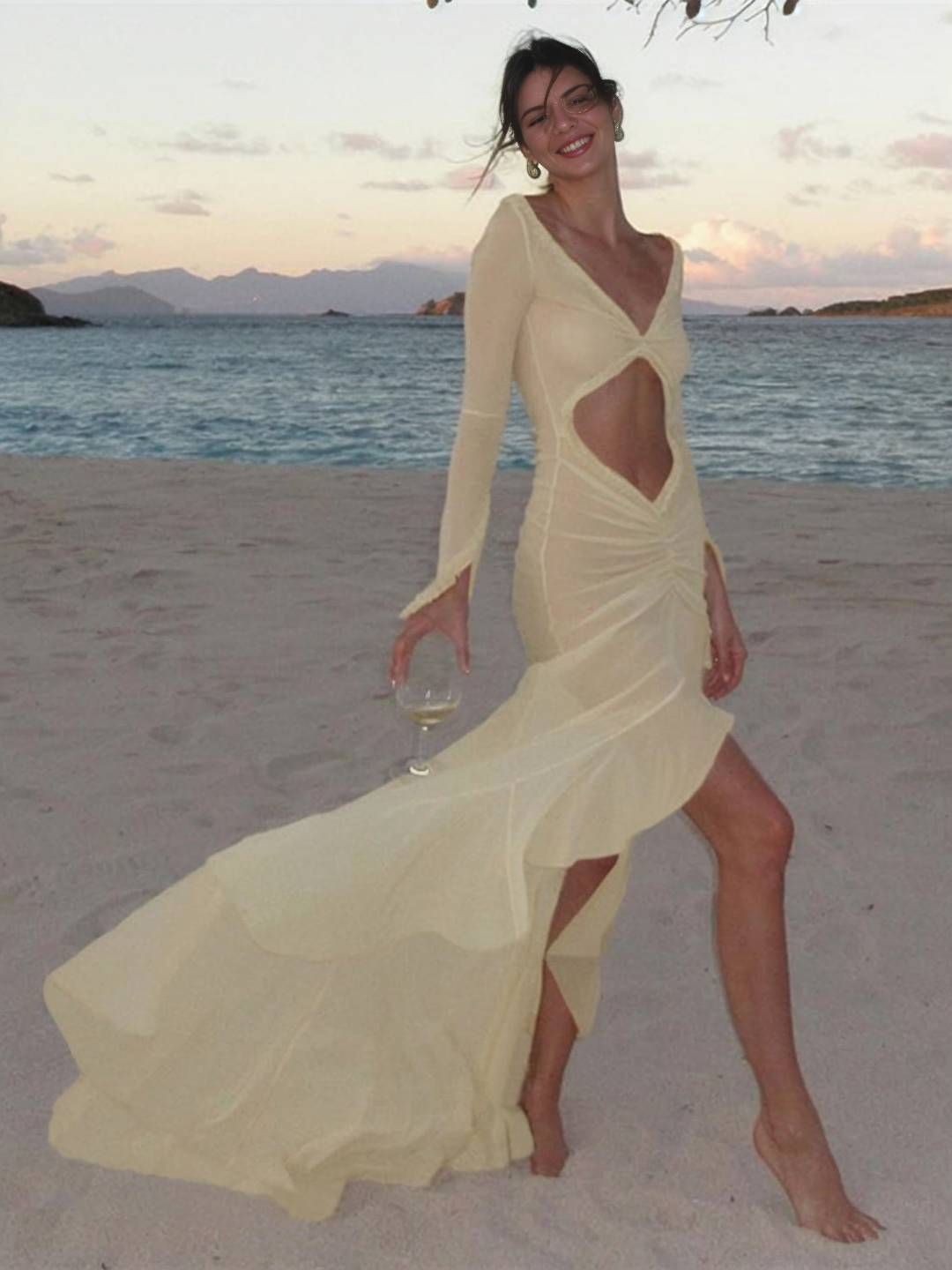 Kayliegh Strandkjole Dame – Lang tætsiddende kjole med V-udskæring, slids og splittede ærmer Boho