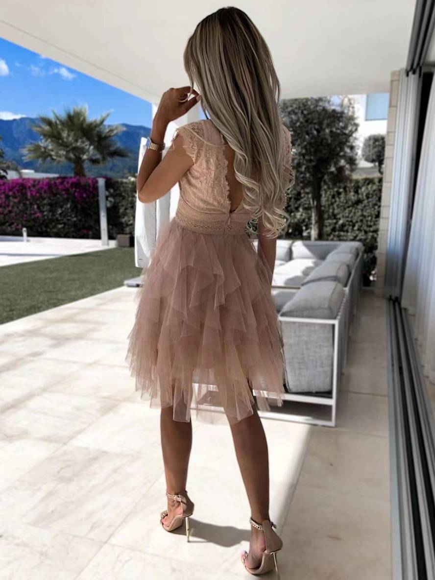 Wendy Vestido de Cóctel Mujer – Vestido Corto Sin Mangas en Tul Estilo Tutú con Escote en V y Espalda Abierta