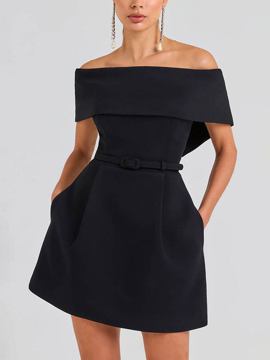 Haziel női koktélruha – ujjatlan, csónaknyakú, övvel és elegáns szabással készült pörgős ruha