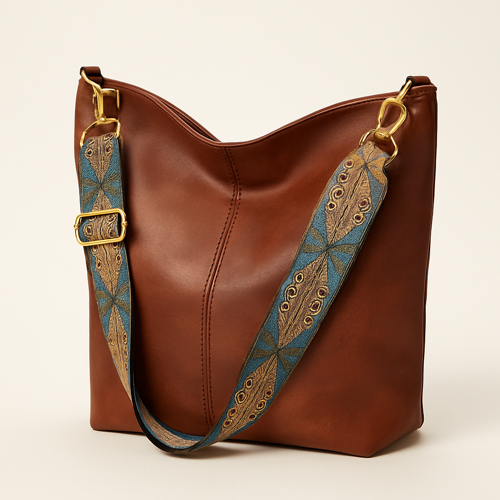 Torebka damska typu bucket Caroline – gładka skóra wegańska z haftowanym paskiem na ramię i boho szykownym stylem