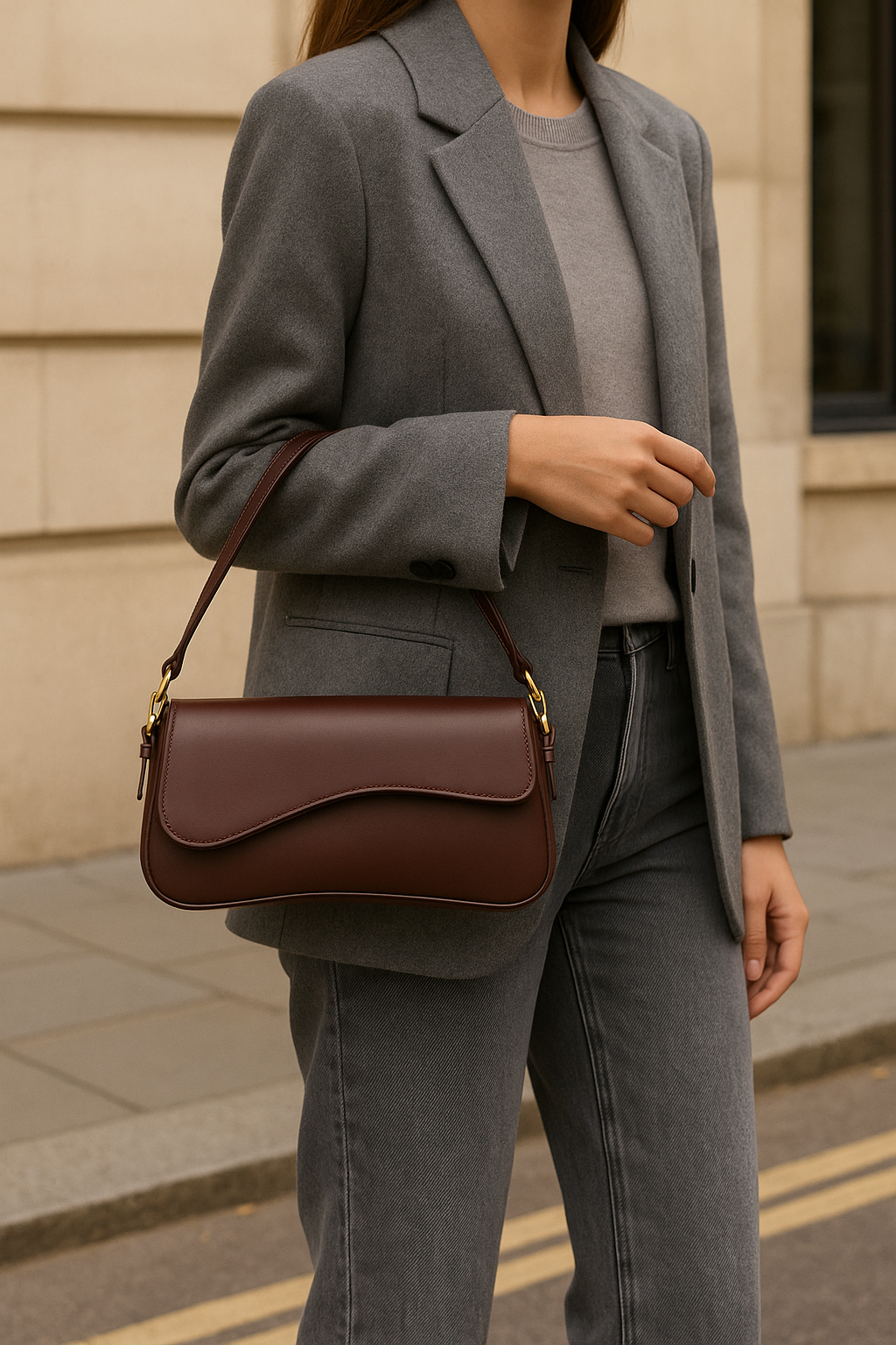 Hadley Sac Baguette Femme – Glat vegansk læder med asymmetrisk silhuet og elegante gyldne detaljer