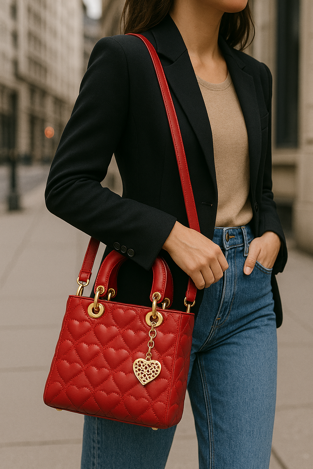 Borsa a mano da donna Raelynn – Mini borsa tote trapuntata in similpelle verniciata con motivo a cuori e ciondolo dorato