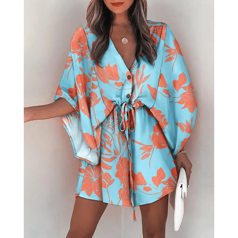 Robe Mini Bohème Cilla Fleurie Manches Courtes Kimono Verano