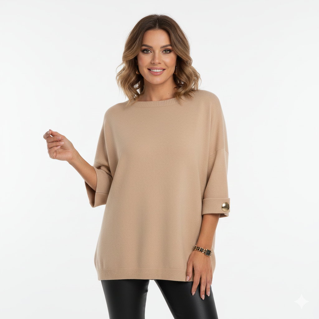 Claudy Pull Oversize Mujer – Tejido Suave con Botones Dorados y Corte Elegante