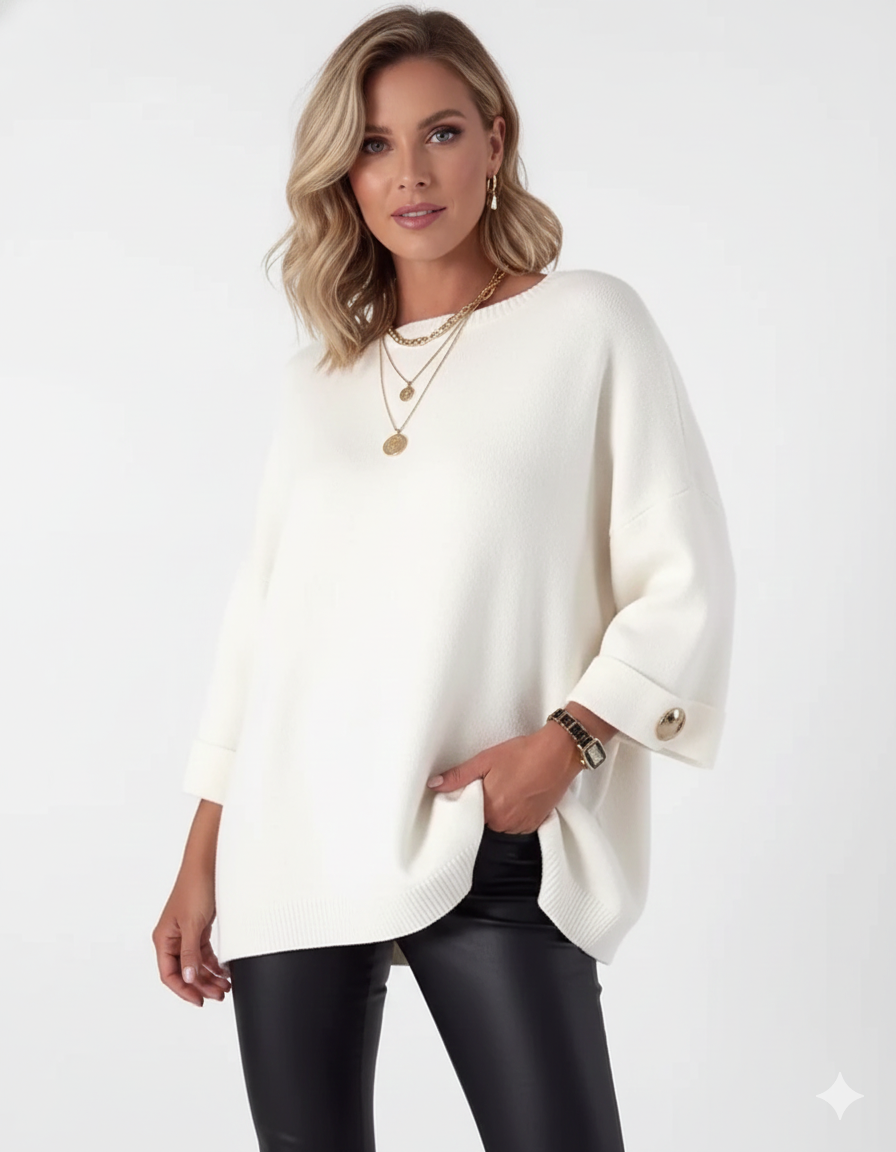 Claudy Pull Oversize Mujer – Tejido Suave con Botones Dorados y Corte Elegante