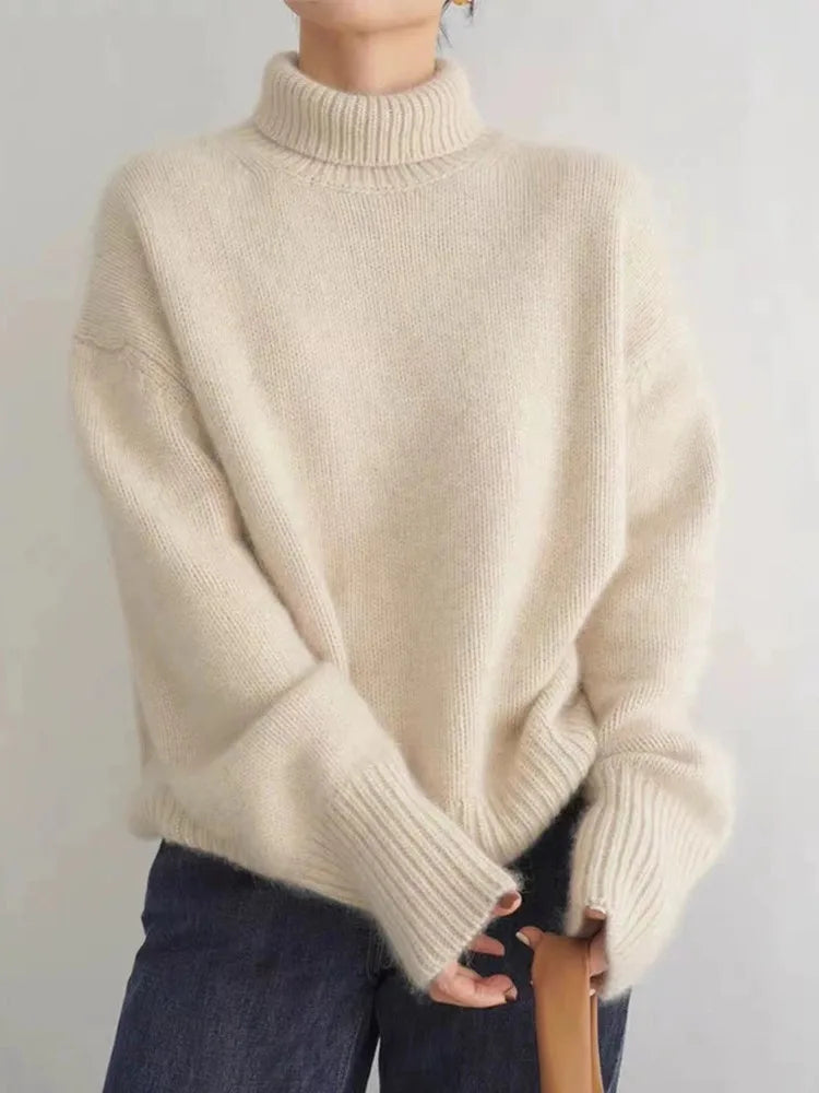 Sweter damski Seraphina – wygodny, prążkowany golf, szykowny styl na zimę