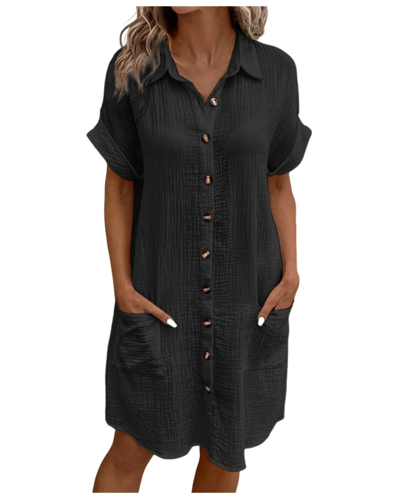 Vestido Yvette para mujer – Vestido camisa con cuello en V abotonado con bolsillos, corte fluido, estilo bohemio chic